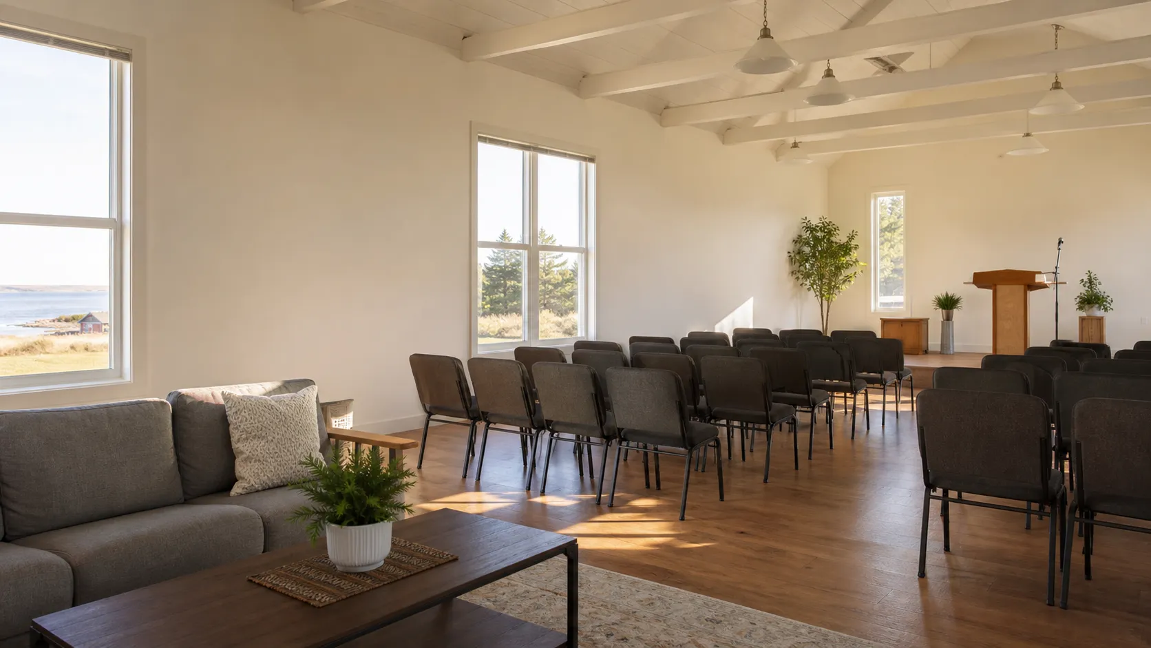 A bright, welcoming community gathering room prepared for a Sunday service